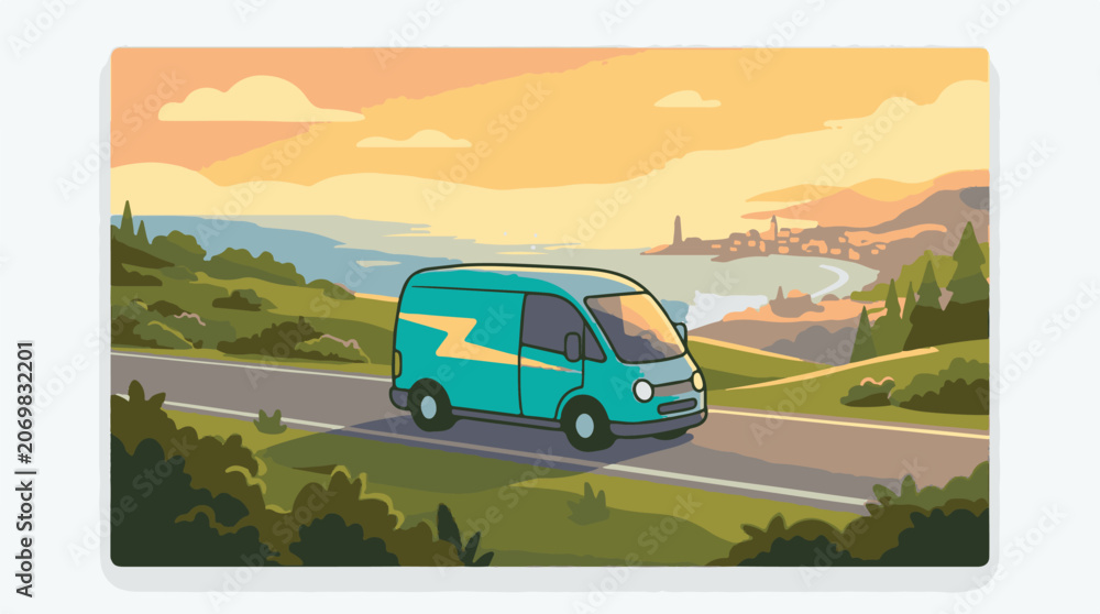 Fototapeta premium Teal delivery van on winding road.