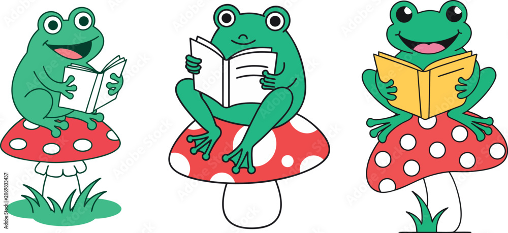 Naklejka premium Cute Cartoon Frogs Reading Books on Mushroom Transparent Background