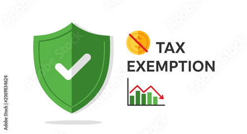 Tableau sur toile Vector illustration representing tax exemption, featuring a green shield with a checkmark, a crossed-out coin symbol, and a downward trending bar chart indicating financial tax reduction