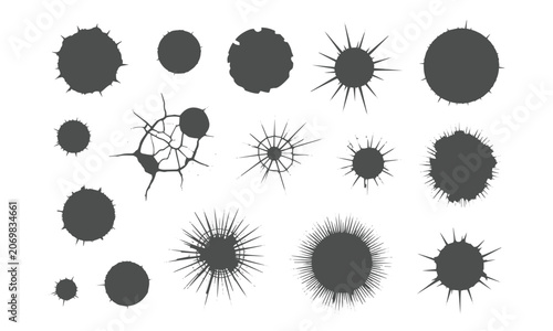 Collection of grunge black ink splatters cracked paint drops and starburst splashes vector illustration background