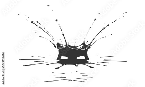 Abstract black paint splash effect with bouncing liquid droplets and crown ripple vector illustration background
