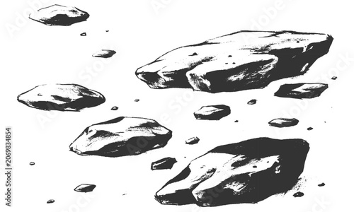 Hand drawn sketch of scattered flat stones and jagged rocks vector illustration background