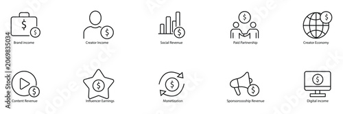 Cuadro en lienzo Business and finance income icons collection featuring brand creator social revenue paid partnership creator economy content earnings monetization sponsorship digital growth