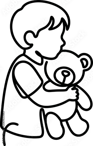 Minimalist continuous line drawing of a child hugging a teddy bear.