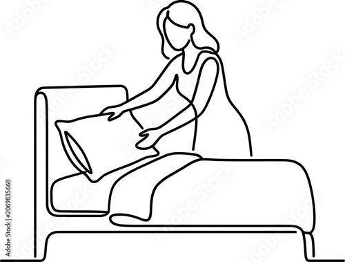 Continuous line drawing of a woman making her bed.