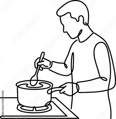 Continuous line drawing of a man cooking in a kitchen.