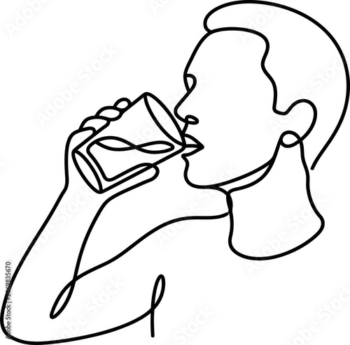 Continuous one line drawing of a person drinking water from a glass.