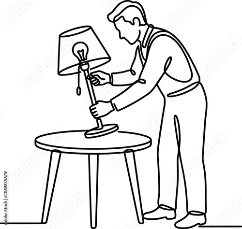 Continuous line drawing of a man adjusting a table lamp.