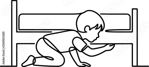 Continuous line drawing of a child looking under a bed.