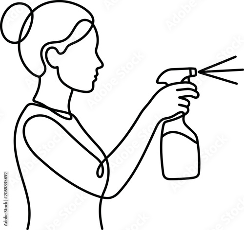 Continuous line drawing of a woman cleaning with a spray bottle.
