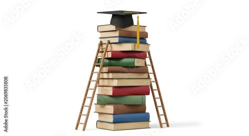 Graduation cap on top of a tall stack of books with wooden ladders on both sides isolated on white background
