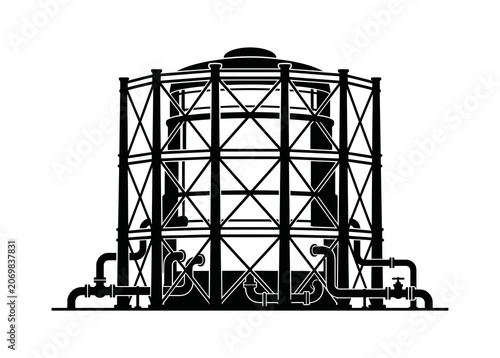 Foto Industrial gasometer storage tank silhouette with metal frame and external pipin