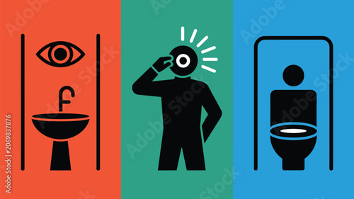Iconography depicts daily hygiene and bathroom facility symbols set against vibrant colored vertical panels.