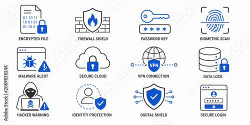 Security icons depicting various digital protection concepts and shield symbols on a screen.