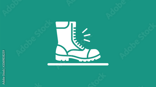 Boot icon rendered in white lines stands on a solid green background representing durability and sturdy footwear design.