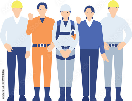 Foto Four construction workers standing together in uniform outfits