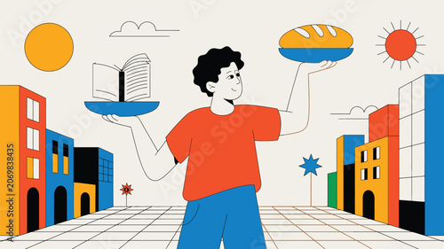 Young man balances a book and a loaf of bread in a colorful modern city representing the choice between intellectual growth and physical sustenance.