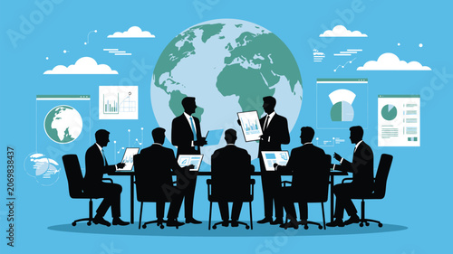 Businessmen sit around a conference table during a meeting with a large globe and data charts in the background.
