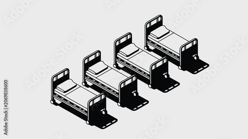 Hospital beds arranged in a neat isometric row suggest a clinical setting for patient care or medical recovery.
