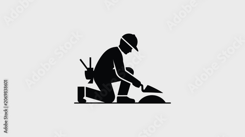 Construction worker kneels on the ground while using a hand trowel to smooth wet cement or mortar.