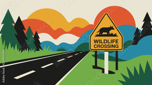 Road sign warning motorists about potential wildlife crossing stands beside a winding paved highway in a stylized landscape.