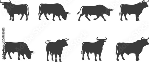 Bild auf Leinwand Bull Silhouette Collection with Standing Walking and Grazing Cattle Poses
