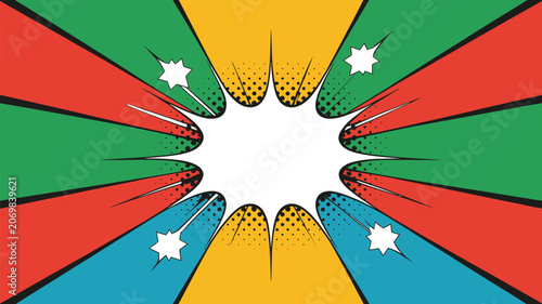 Comic speech bubble stands at the center of colorful radiating lines creating an explosive backdrop.