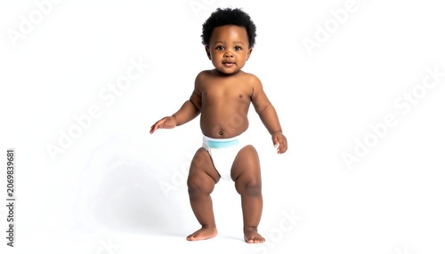 A standing toddler with dark skin and a happy expression. Wearing a diaper against a clean white backdrop