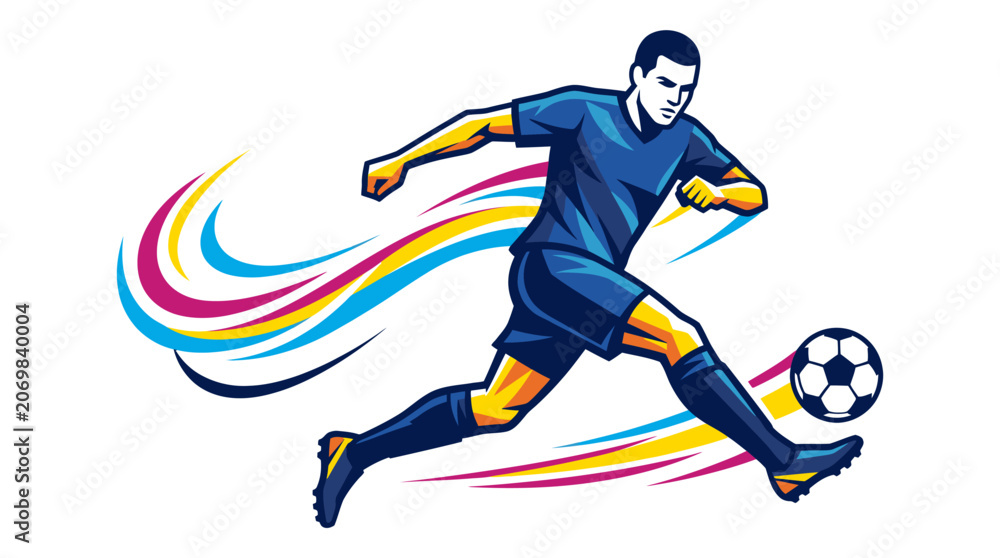 Fototapeta premium Dynamic cartoon soccer player in action with colorful trails and ball, vibrant sports illustration.