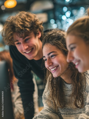 Friends laughing and having fun at a computer