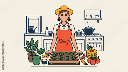 Gardener wearing an apron stands behind a table in a kitchen setting while preparing fresh vegetables.
