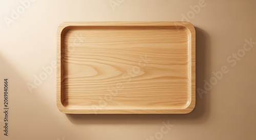Wooden tray on beige background.