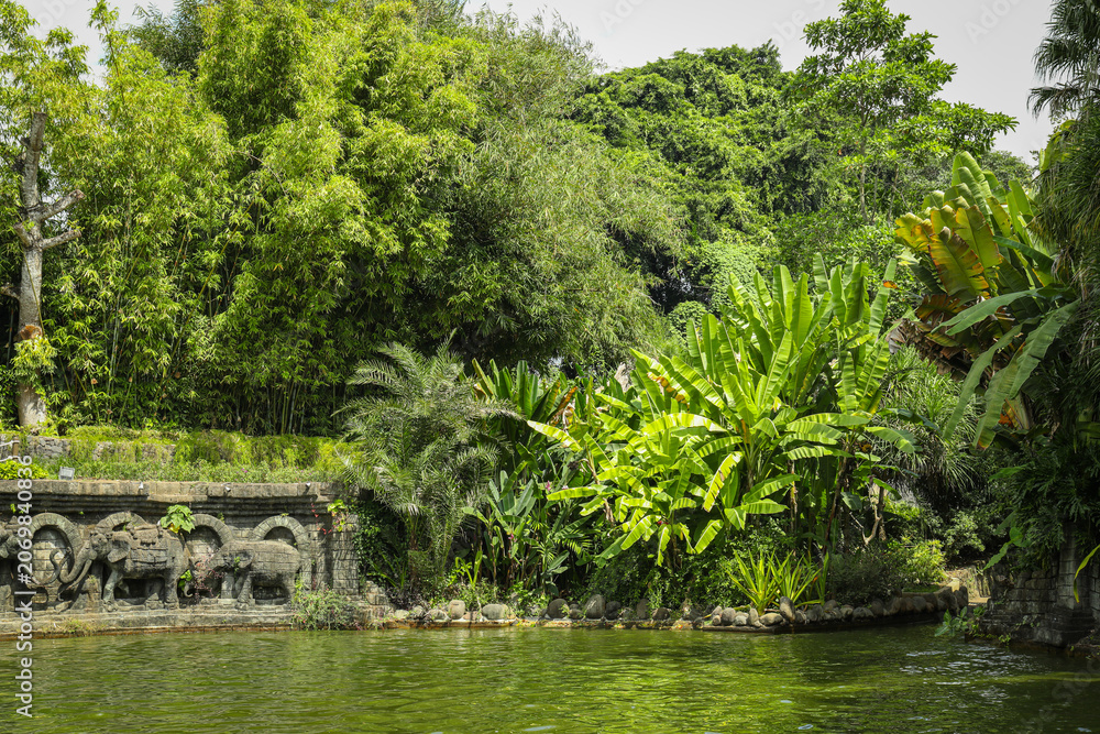 Fototapeta premium Green plants and trees surround a calm water area in Bali