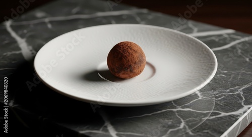 Delicious chocolate truffle on white plate.