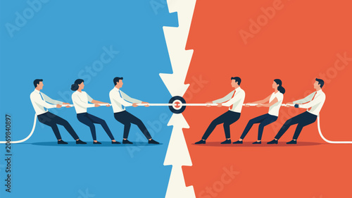 Business team members participate in a competitive tug of war to symbolize corporate rivalry and conflict.