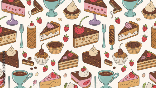 Cakes and pastries decorate this seamless pattern featuring various sweet treats and hot drinks for a delightful bakery background design.