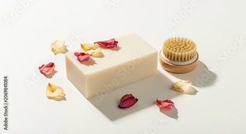 Soap Bar with Rose Petals and Brush.