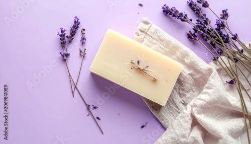 Lavender soap bar with flowers and cloth.