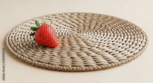Strawberry on woven wicker place mat.