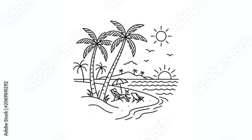 Fotografie Tropical beach landscape with palm trees and relaxing vacationer