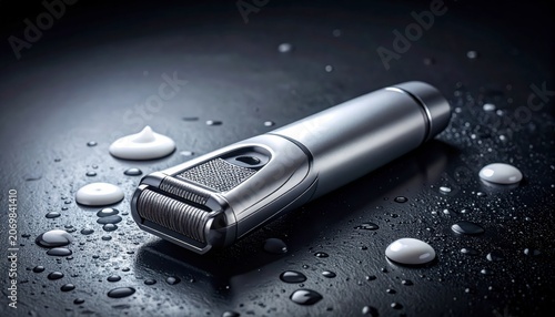 Electric shaver with water drops on surface.