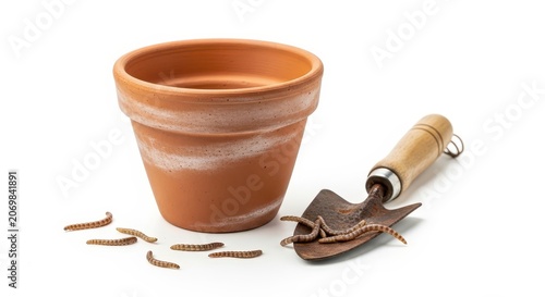 Terracotta pot with seeds and trowel.