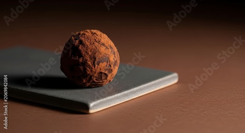 Chocolate truffle on gray plate closeup.