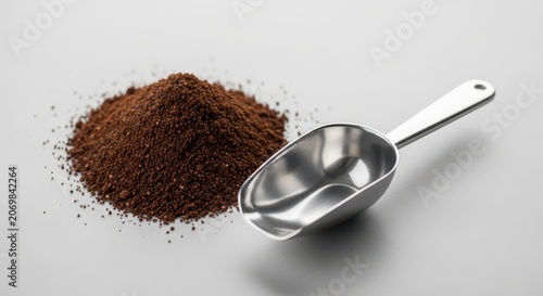 Coffee powder and metal scoop spoon.