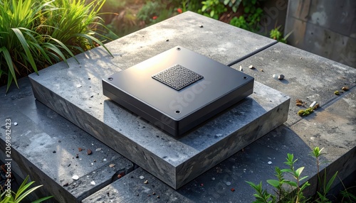 Modern solar panel on stone pedestal.