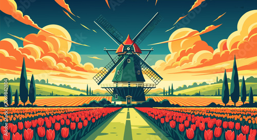Photos Traditional Dutch Windmill in a Vibrant Tulip Field Vector Illustration Represen