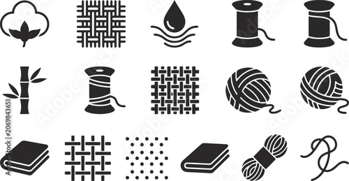 Textile, Fabric, and Yarn Icon Set: Minimalist Black Silhouette Collection for Fashion, Sewing, and Material Design
