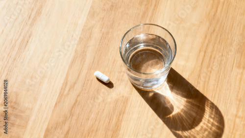 Pill next to glass of water on wooden table with shadow