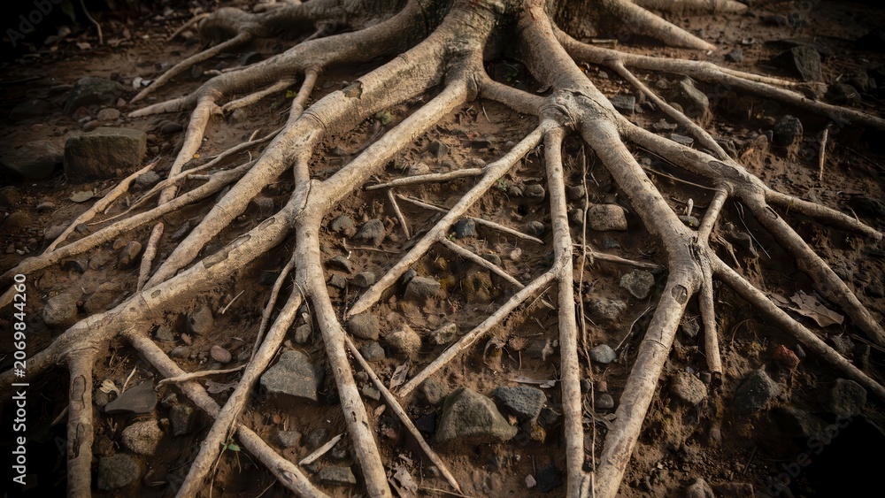 Fototapeta premium Close up view of intricate tree roots spreading across dry, rocky ground, showing resilience and connection