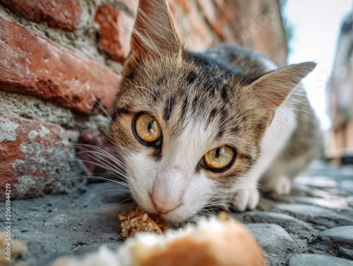 Stray Cat Eating Bread